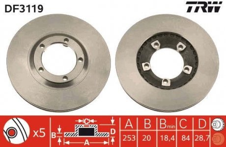 Гальмівний диск передня ліва/права HYUNDAI H-1 / STAREX, H100, PORTER 2.4/2.5D 07.93- TRW DF3119 (фото 1)