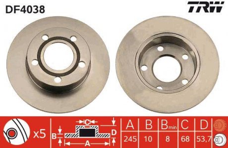 Тормозной диск задний левая/правая AUDI A6 C5 1.8-4.2 02.97-01.05 TRW DF4038 (фото 1)