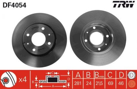 Тормозной диск передняя левая/правая VOLVO S40 I, V40; MITSUBISHI CARISMA 1.3-2.0 07.95-06.06 TRW DF4054 (фото 1)
