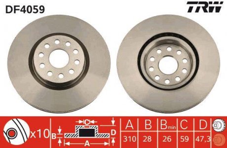 Тормозной диск передняя левая/правая ALFA ROMEO 166; LANCIA KAPPA 2.0-3.2 10.94-06.07 TRW DF4059 (фото 1)