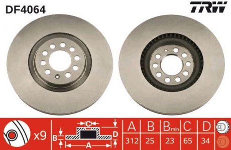 Гальмівний диск передня ліва/права (високовуглецевий, з болтами) AUDI A3, TT; SEAT IBIZA III, IBIZA IV, IBIZA IV SC, IBIZA IV ST, LEON, TOLEDO II; SKODA OCTAVIA II; Volkswagen BORA, GOLF IV 1.2-3.2 08.97-05.15 TRW DF4064 (фото 1)