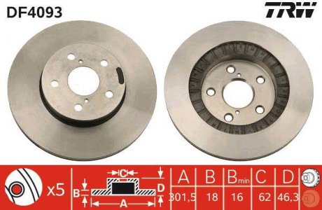 Тормозной диск передняя левая/правая TOYOTA RAV 4 I 2.0 06.94-06.00 TRW DF4093 (фото 1)