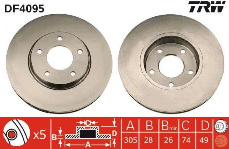 Тормозной диск передняя левая/правая (высокоуглеродистая) JAGUAR XJ, XK 8 3.2/4.0 05.96-07.05 TRW DF4095 (фото 1)