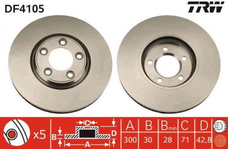 Тормозной диск передняя левая/правая JAGUAR S-TYPE; LINCOLN LS 2.7D-4.0 05.98- TRW DF4105 (фото 1)