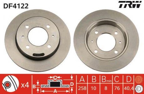 Тормозной диск задний левая/правая HYUNDAI COUPE, ELANTRA, LANTRA I, LANTRA II 1.5-2.0D 10.90-07.06 TRW DF4122 (фото 1)