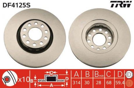 Тормозной диск передняя левая/правая AUDI 100 C4, A6 C4, A8 2.2-4.2 08.91-09.02 TRW DF4125S (фото 1)