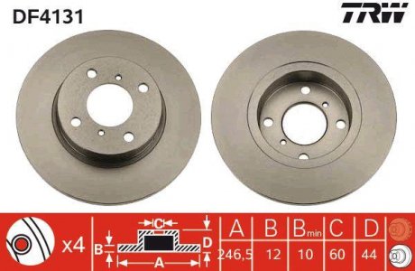 Тормозной диск передняя левая/правая OPEL AGILA; SUZUKI WAGON R, WAGON R+ 1.0/1.2/1.3 05.00- TRW DF4131