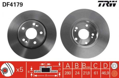 Тормозной диск передняя левая/правая RENAULT LAGUNA II 1.6-2.0 03.01-12.07 TRW DF4179 (фото 1)