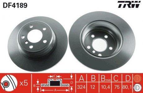 Гальмівний диск задній ліва/права BMW X5 (E53) 3.0/3.0D/4.4 01.00-10.06 TRW DF4189 (фото 1)
