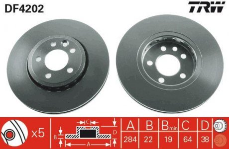 Гальмівний диск передня ліва/права MG MG 6, MG ZT, MG ZT- T; ROVER 75 1.8-4.6 02.99- TRW DF4202