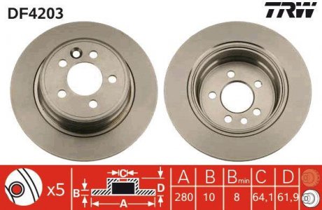 Гальмівний диск задній ліва/права MG MG ZT, MG ZT- T; ROVER 75 1.8-4.6 02.99-10.05 TRW DF4203 (фото 1)