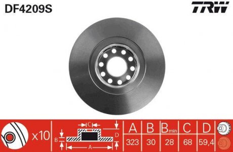 Гальмівний диск передня ліва/права (високовуглецевий) AUDI A6 C4, A8; Volkswagen PHAETON 2.5D-6.0 04.96-07.10 TRW DF4209S (фото 1)