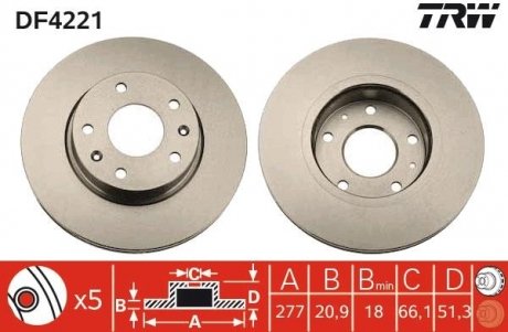 Тормозной диск передняя левая/правая LAND ROVER FREELANDER 1.8/2.0D/2.5 02.98-10.06 TRW DF4221 (фото 1)