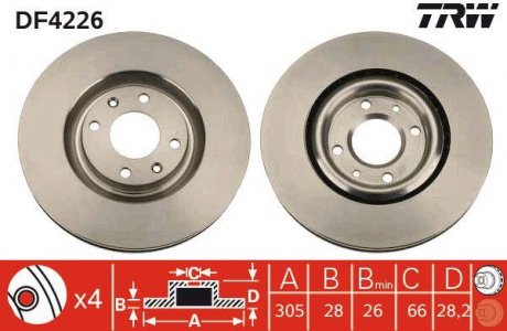 Тормозной диск передняя левая/правая PEUGEOT 406 2.2D/3.0 03.97-12.04 TRW DF4226