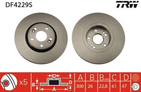 Тормозной диск передняя левая/правая RENAULT LAGUNA II 1.6-2.2D 03.01-12.07 TRW DF4229S (фото 1)