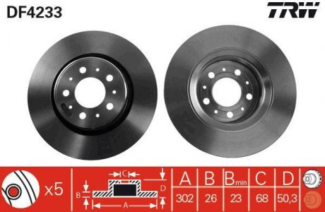 Тормозной диск передняя левая/правая VOLVO 850, C70 I, S70, V70 I, XC70 I 2.0-2.5D 02.93-10.05 TRW DF4233 (фото 1)