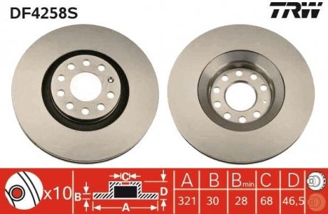 Тормозной диск передняя левая/правая AUDI A4 B5, A4 B6, A4 B7, A6 C5, ALLROAD C5; SEAT EXEO, EXEO ST 1.8-4.2 01.97-05.13 TRW DF4258S