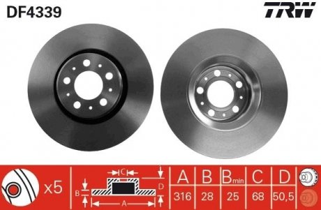 Тормозной диск передняя левая/правая VOLVO S60 I, XC90 I 2.0-4.4 07.00-12.14 TRW DF4339 (фото 1)