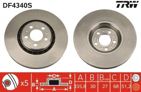 Тормозной диск передняя левая/правая VOLVO XC90 I 2.4D-4.4 10.02-12.14 TRW DF4340S (фото 1)