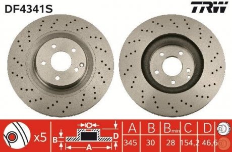 Гальмівний диск передня ліва/права (високовуглецевий) MERCEDES C (CL203), C T-MODEL (S203), C (W203), CLK (A209), CLK (C209), SLK (R171) 3.0D-6.2 02.01-02.11 TRW DF4341S (фото 1)
