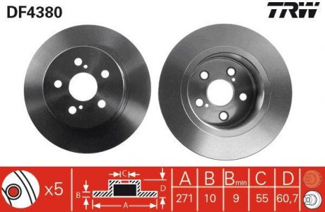 Тормозной диск задний левая/правая TOYOTA AVENSIS 1.6-2.0D 09.97-02.03 TRW DF4380 (фото 1)