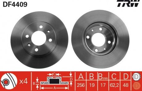 Тормозной диск передняя левая/правая HYUNDAI GETZ 1.1-1.6 09.02-12.10 TRW DF4409 (фото 1)