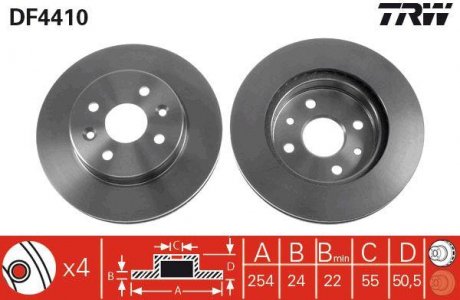 Тормозной диск передняя левая/правая (высокоуглеродистая) KIA RIO 1.3/1.5 08.00-02.05 TRW DF4410