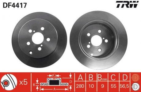 Тормозной диск задний левая/правая TOYOTA AVENSIS 1.6-2.4 03.03-11.08 TRW DF4417 (фото 1)