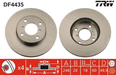 Тормозной диск передняя левая/правая (высокоуглеродистая) SUZUKI BALENO, LIANA 1.3-1.9D 03.96- TRW DF4435
