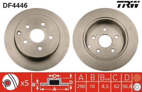 Тормозной диск задний левая/правая TOYOTA COROLLA VERSO 1.6-2.2D 04.04-03.09 TRW DF4446