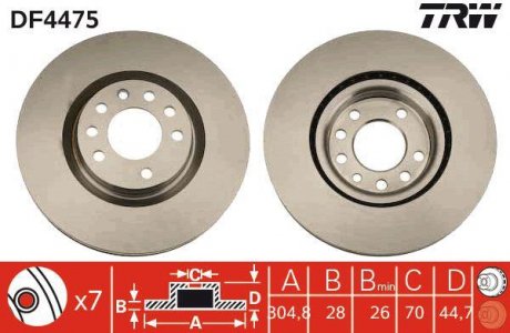Гальмівний диск передня ліва/права (високовуглецевий) FIAT CROMA 1.9D/2.4D 06.05- TRW DF4475