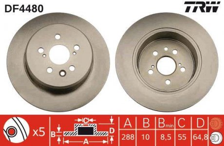 Тормозной диск задний левая/правая TOYOTA AVENSIS 1.6-2.0D 09.97-02.03 TRW DF4480
