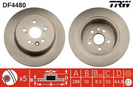 Фото автозапчасти тормозной диск задний левая/правая TOYOTA AVENSIS 1.6-2.0D 09.97-02.03 TRW DF4480 (фото 1)