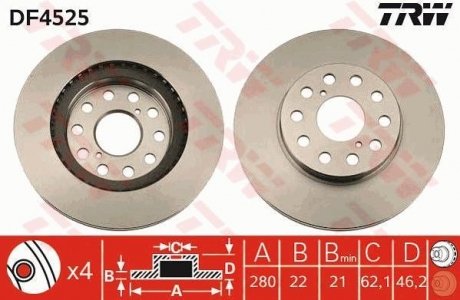 Фото автозапчасти тормозной диск задний левая/правая TOYOTA MR2 II 2.0 12.89-05.00 TRW DF4525