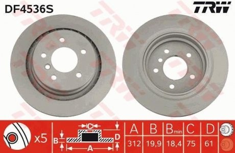 Тормозной диск задний правый BMW 3 (E36), Z3 (E36) 3.0/3.2 11.92-06.03 TRW DF4536S
