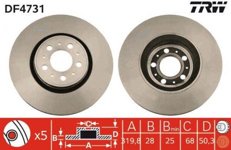 Гальмівний диск передня ліва/права VOLVO S60 I, S80 I, V70 II, XC70 I 2.0-3.0 01.99-04.10 TRW DF4731