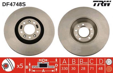 Тормозной диск передняя левая/правая CITROEN C5 II, C5 III, C6; PEUGEOT 407, 607 2.0-3.0 02.00- TRW DF4748S (фото 1)