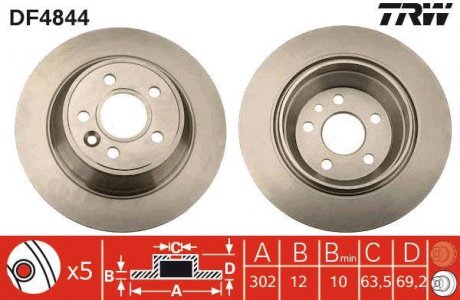 Тормозной диск задний левая/правая VOLVO S80 II, XC70 I 2.0-4.4 12.05-09.12 TRW DF4844