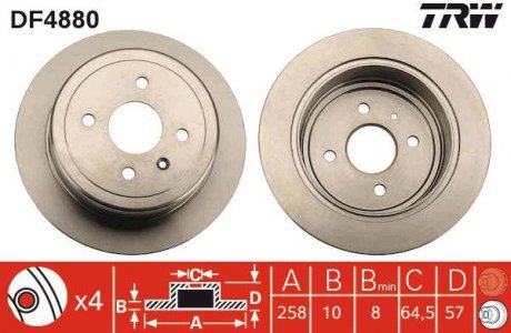 Тормозной диск задний левая/правая CHEVROLET ASTRA, ZAFIRA; DAEWOO NUBIRA 1.6/2.0 05.97- TRW DF4880 (фото 1)