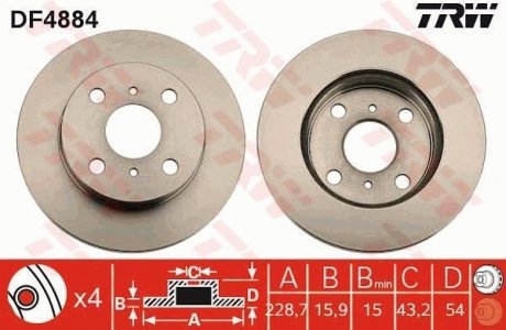 Фото автозапчастини гальмівний диск передня ліва/права TOYOTA STARLET 1.0/1.3/1.5D 12.89-03.96 TRW DF4884