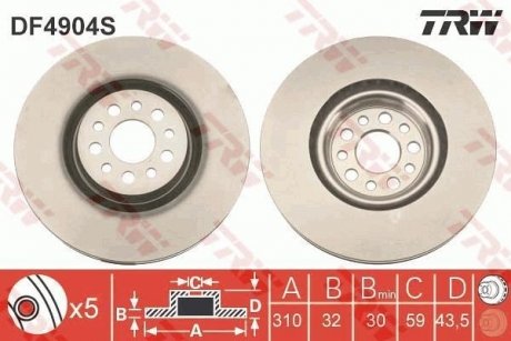 Тормозной диск передняя левая/правая (высокоуглеродистая) CITROEN C8; FIAT ULYSSE; LANCIA PHEDRA; PEUGEOT 807 2.0D/2.2D/3.0 06.02- TRW DF4904S