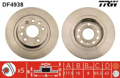 Фото автозапчасти тормозной диск задний левый/правый OPEL ASTRA H, ASTRA H GTC, ZAFIRA B, ZAFIRA B/MINIVAN 1.7D-2.2 03.05-04.15 TRW DF4938