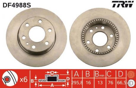 Тормозной диск задний левая/правая IVECO DAILY III, DAILY IV, DAILY V, DAILY VI 2.3D-Electric 11.05- TRW DF4988S (фото 1)