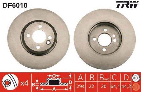 Тормозной диск передняя левая/правая MINI (R50, R53), (R52), (R56), (R57), (R58), (R59), CLUBMAN (R55) 1.6 06.01-06.15 TRW DF6010