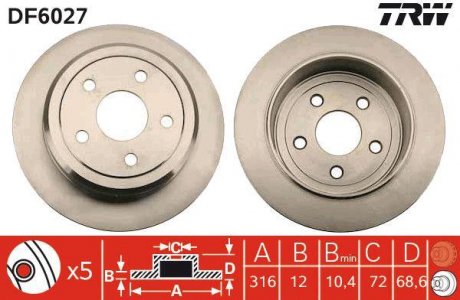 Тормозной диск задний левая/правая CHRYSLER 300C 2.7-6.1 09.04-11.12 TRW DF6027