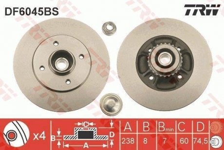 Тормозной диск с подшипником задний левая/правая (с кольцом ABS) RENAULT CLIO II 1.2-2.0 09.98-08.16 TRW DF6045BS