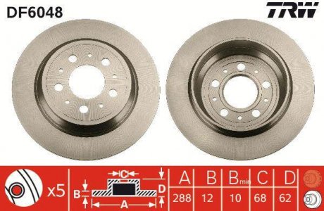 Тормозной диск задний левая/правая VOLVO S70, V70 I, XC70 I 2.4/2.5D 11.96-09.02 TRW DF6048