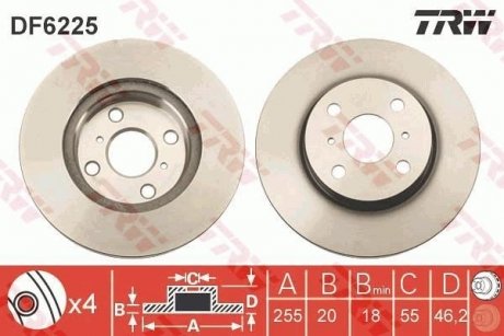 Тормозной диск передняя левая/правая TOYOTA IQ; ASTON MARTIN CYGNET 1.0-1.4D 01.09-12.15 TRW DF6225