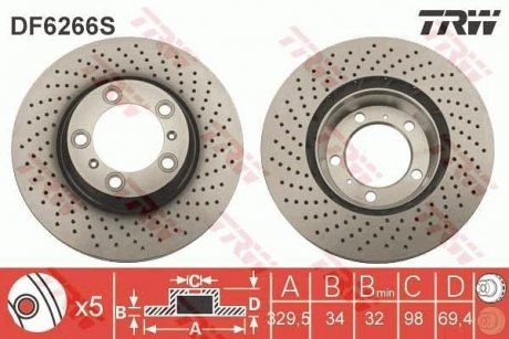 Тормозной диск передняя правая PORSCHE 718 BOXSTER, 911, 911 TARGA 2.5-3.8 06.00- TRW DF6266S