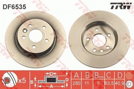 Тормозной диск задний левая/правая VOLVO V40 1.5-2.5 03.12- TRW DF6535